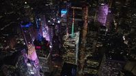5.5K stock footage aerial video orbit the Bank of America Tower and Times Square at Night in Midtown, NYC Aerial Stock Footage | AX122_121