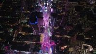 5.5K stock footage aerial video tilt to bird's eye of Times Square at Night in Midtown Manhattan, NYC Aerial Stock Footage | AX122_176E