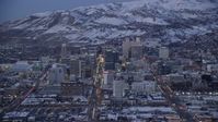 5.5K stock footage aerial video orbit State, Main and West Temple Streets through Downtown Salt Lake City, to Utah capitol with snow at twilight Aerial Stock Footage | AX128_038