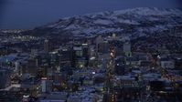 5.5K stock footage aerial video orbit Downtown Salt Lake City and State Street to the capitol with winter snow at Night, Utah Aerial Stock Footage | AX128_062