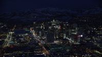 5.5K stock footage aerial video orbit Downtown Salt Lake City in winter at night, Utah Aerial Stock Footage | AX128_101