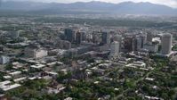 5.5K stock footage aerial video flyby city buildings, with view of Oquirrh Mountains, Downtown Salt Lake City, Utah Aerial Stock Footage | AX129_061