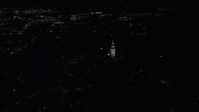 5.5K stock footage aerial video orbiting Dorchester Heights Monument, reveal skyline, South Boston, Downtown Boston, Massachusetts, night Aerial Stock Footage | AX141_223