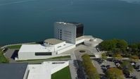 5.5K stock footage aerial video orbiting the John F. Kennedy Presidential Library, Boston, Massachusetts Aerial Stock Footage | AX142_219