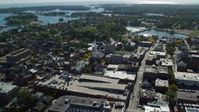 6k stock footage aerial video of North Church of Portsmouth among coastal town in autumn, New Hampshire Aerial Stock Footage | AX147_177