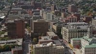 6k stock footage aerial video orbiting downtown office buildings, autumn, Portland, Maine Aerial Stock Footage | AX147_332