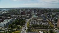 6k stock footage aerial video flying over Congress Street, approach Portland City Hall, Portland, Maine Aerial Stock Footage | AX147_350