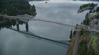 5.5K stock footage aerial video of a reverse view of the Bridge of the Gods in Cascade Locks, Columbia River Gorge, Oregon Aerial Stock Footage | AX154_174