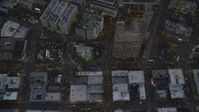 5.5K stock footage aerial video of a bird's eye view follow SW 5th Avenue at twilight past US Bancorp Tower, Downtown Portland, Oregon Aerial Stock Footage | AX155_239