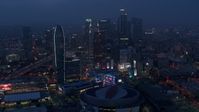 4K stock footage aerial video approaching skyscrapers and high-rises, Downtown Los Angeles, twilight Aerial Stock Footage | AX44_063