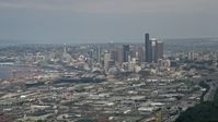 5K stock footage aerial video of Seattle skyline seen from south of Downtown Seattle, Washington Aerial Stock Footage | AX45_013