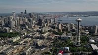 5K stock footage aerial video of the world famous Seattle Space Needle and skyscrapers in Downtown Seattle, Washington Aerial Stock Footage | AX47_133