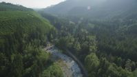 5K stock footage aerial video of following a river through evergreen forest to reveal a road, King County, Washington Aerial Stock Footage | AX48_069