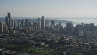 5K stock footage aerial video flyby the skyline of Downtown Seattle, Washington Aerial Stock Footage | AX49_058