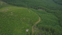 5K stock footage aerial video of a dirt road through a logging area on the edge of a forest in Pacific County, Washington Aerial Stock Footage | AX56_166