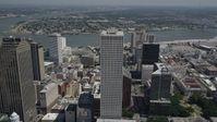 5K stock footage aerial video fly over One Shell Square to reveal Harrah's casino, Downtown New Orleans, Louisiana Aerial Stock Footage | AX59_024