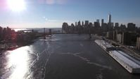 4.8K stock footage aerial video of the Manhattan Bridge and Lower Manhattan skyline, New York City Aerial Stock Footage | AX66_0145