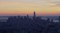 4.8K stock footage aerial video a wide view of Lower Manhattan skyline in winter, New York City, twilight Aerial Stock Footage | AX66_0316