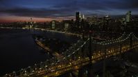 4.8K stock footage aerial video fly over Queensboro Bridge toward Midtown Manhattan skyscrapers, New York City, night Aerial Stock Footage | AX66_0424