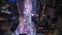 4.8K aerial video view of looking down on Times Square at night, Midtown Manhattan, New York City, New York Aerial Stock Footage | AX67_0044