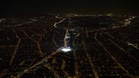 4.8K aerial video view of following train tracks in Queens at night, New York Aerial Stock Footage | AX67_0110