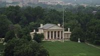 4.8K stock footage aerial video of tour groups on the front steps of Arlington House at Arlington National Cemetery, Washington DC Aerial Stock Footage | AX74_111
