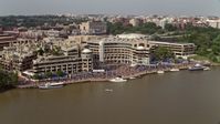 4.8K stock footage aerial video of Washington Harbour condo complex by the Potomac River in Georgetown, Washington DC Aerial Stock Footage | AX75_123