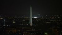 4.8K stock footage aerial video of Washington Monument circled by American flags, Washington, D.C., night Aerial Stock Footage | AX77_060E
