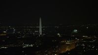 4.8K stock footage aerial video of Washington Monument and the Jefferson Memorial in Washington, D.C., night Aerial Stock Footage | AX77_066