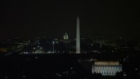 4.8K stock footage aerial video of the Capitol Building and Washington Monument seen from Lincoln Memorial in Washington, D.C., night Aerial Stock Footage | AX77_070
