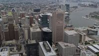 4.8K stock footage aerial video of Downtown Baltimore skyscrapers, Inner Harbor in the background, Maryland Aerial Stock Footage | AX78_097E