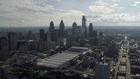 4.8K stock footage aerial video approaching skyscrapers and Pennsylvania Convention Center in Downtown Philadelphia, Pennsylvania Aerial Stock Footage | AX79_035E