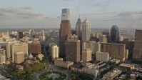 4.8K stock footage aerial video of Comcast Center, BNY Mellon Center, and Three Logan Square in Downtown Philadelphia, Pennsylvania, Sunset Aerial Stock Footage | AX80_046