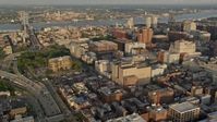 4.8K stock footage aerial video flying by office buildings in Downtown Philadelphia, Pennsylvania, Sunset Aerial Stock Footage | AX80_048