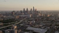 4.8K stock footage aerial video of Downtown Philadelphia skyline and the I-676 freeway, Pennsylvania, at sunset Aerial Stock Footage | AX80_097E
