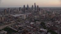4.8K stock footage aerial video of Downtown Philadelphia skyline, Pennsylvania Convention Center, and I-676, Pennsylvania, Sunset Aerial Stock Footage | AX80_155