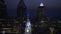 4.8K stock footage aerial video of the William Penn statue on top of Philadelphia City Hall, Pennsylvania, Night Aerial Stock Footage | AX81_020