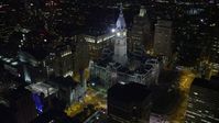 4.8K stock footage aerial video approach and orbit Philadelphia City Hall in Downtown Philadelphia, Pennsylvania, Night Aerial Stock Footage | AX81_038E