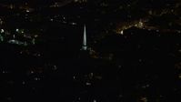 4.8K stock footage aerial video of the steeple atop St. Peter's Episcopal Church, Philadelphia, Pennsylvania, Night Aerial Stock Footage | AX81_059