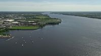 4.8K stock footage aerial video of boats in the Delaware River, Philadelphia, Pennsylvania Aerial Stock Footage | AX82_034