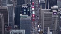 4K stock footage aerial video of 7th Avenue, Times Square, Midtown Manhattan, New York, New York Aerial Stock Footage | AX84_049