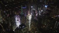 4K stock footage aerial video Times Square, skyscrapers, Midtown Manhattan, New York, New York, night Aerial Stock Footage | AX85_039