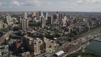 4K stock footage aerial video of flying by skyscrapers, seen from Brooklyn Bridge, Brooklyn, New York Aerial Stock Footage | AX88_004