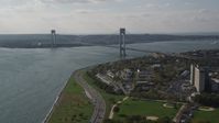 4K stock footage aerial video of the Verrazano-Narrows Bridge and The Narrows, seen from Brooklyn, New York Aerial Stock Footage | AX88_078