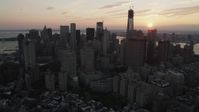 4K stock footage aerial video Flying by Lower Manhattan skyscrapers, New York, New York, sunset Aerial Stock Footage | AX89_016