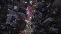 4K stock footage aerial video Bird's eye view over Times Square, Midtown Manhattan, New York, twilight Aerial Stock Footage | AX89_085