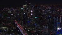 HD stock footage aerial video flyby Wilshire Grand Center and skyline at night, Downtown Los Angeles, California Aerial Stock Footage | CAP_018_217