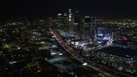 5K stock footage aerial video Downtown Los Angeles skyline and city lights at night, California Aerial Stock Footage | DCA01_022