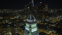 5K stock footage aerial video flying over Highway 110, revealing Los Angeles City Hall and skyline, California Aerial Stock Footage | DCA01_028