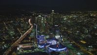 4K stock footage aerial video of Staples Center, The Ritz-Carlton, Nokia Theater, LA Live and skyscrapers, Downtown Los Angeles, California, night Aerial Stock Footage | DCA07_063